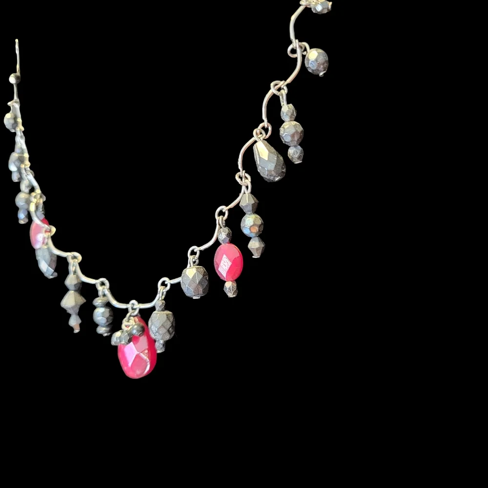 Gothic Vine & Bead Red & Gray Charm Choker Necklace